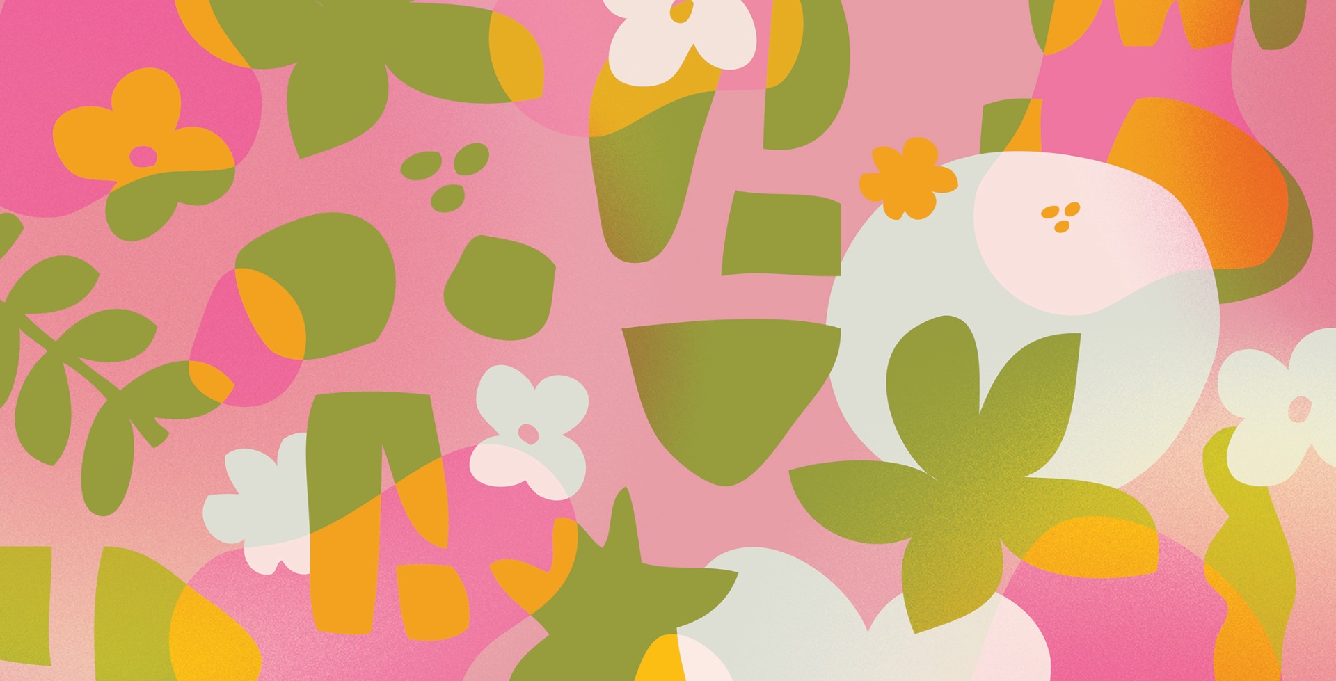 grafika ukazująca kwiaty, liście, abstrakcyjne formy w delikatnych kolorach: róż, zieleń, biel 