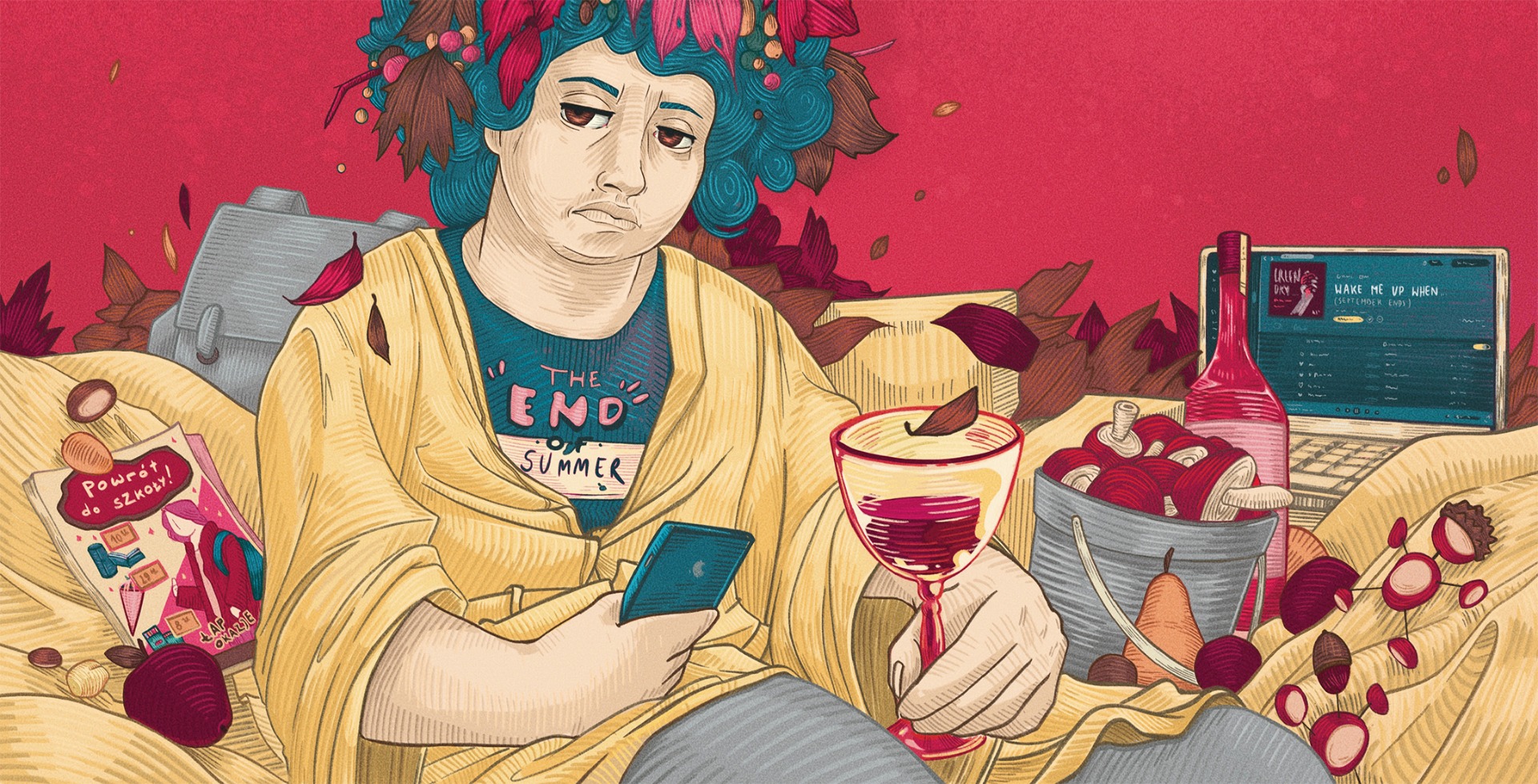 grafika Patrycji Kostyry, postać z kieliszkiem wina, otoczenie mieszkania, abstrakcyjne kolory