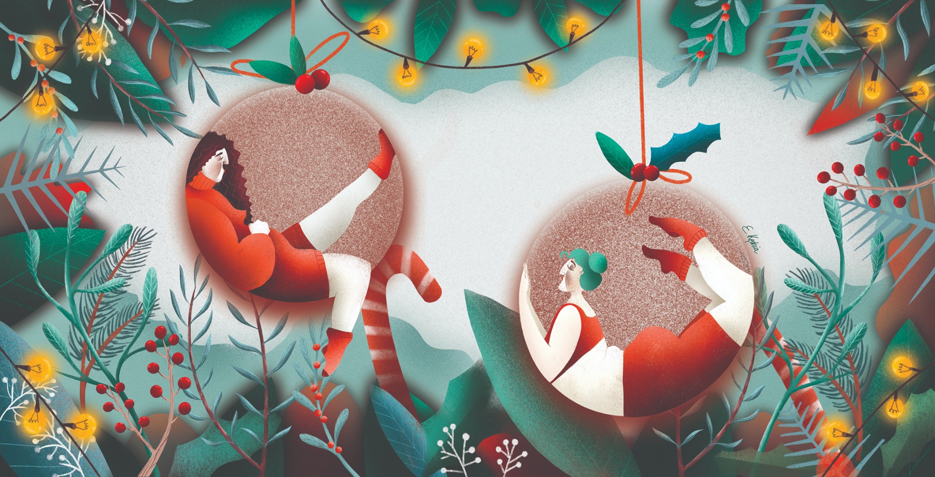 ilustracja wielobarwna, dwie postaci siedzące wewnątrz bombki choinkowej. świąteczny klimat otoczenia.