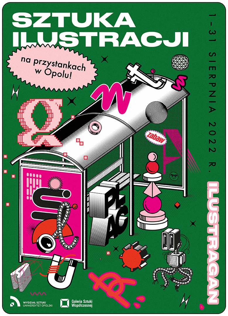 baner z ilustracją przedstawiająca wiatę przystankową oraz napisy: Ilustragan, Plac zabaw, Sztuka ilustracji na przystankach w Opolu