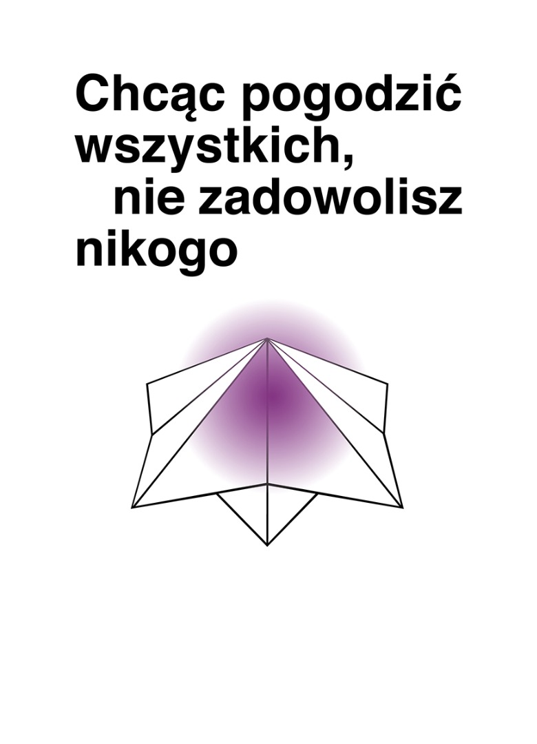 baner informacyjny, motyw złożonego papieru charakterystycznego dla gry piekło-niebo, fioletowe tło, napis: chcąc pogodzić wszystkich, nie zadowolisz nikogo.