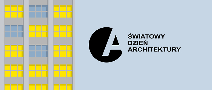 baner informacyjny, szre tło, żółte elementy sugrtujące blok miekszlany, napis światowy dzień architektury 
