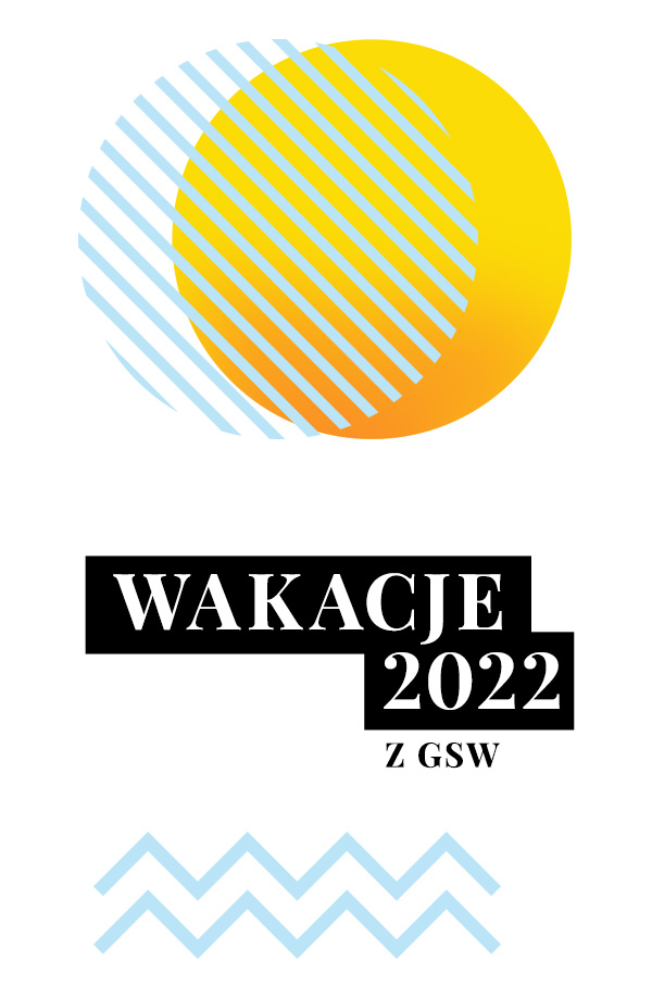 baner informacyjny, napis: wakacje 2022 z GSW, grafika ukazuje dwie kule żółta i niebieską - sugestia słońca i nieba. 