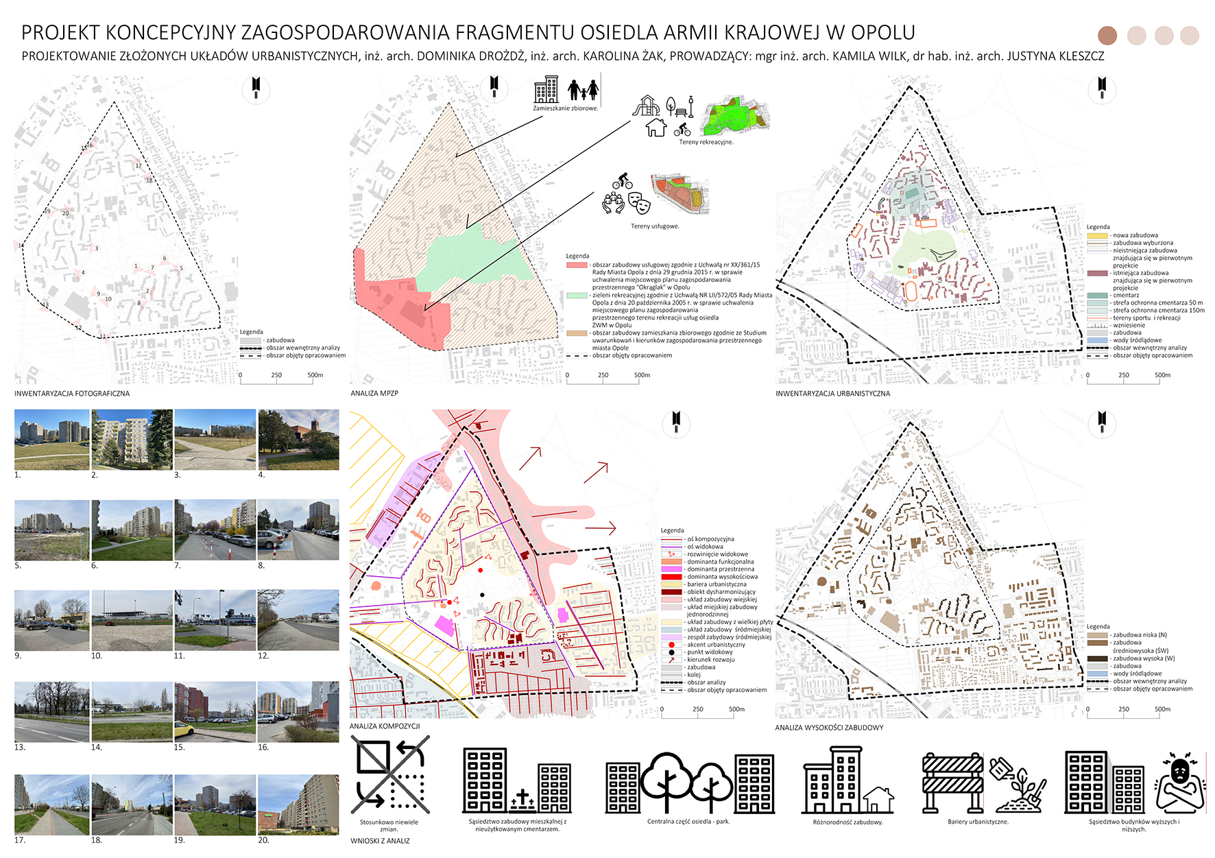 plansza ukazując możliwe realizacje architektoniczne na osiedlu, rysunki techniczne, wizualizacje koncepcji