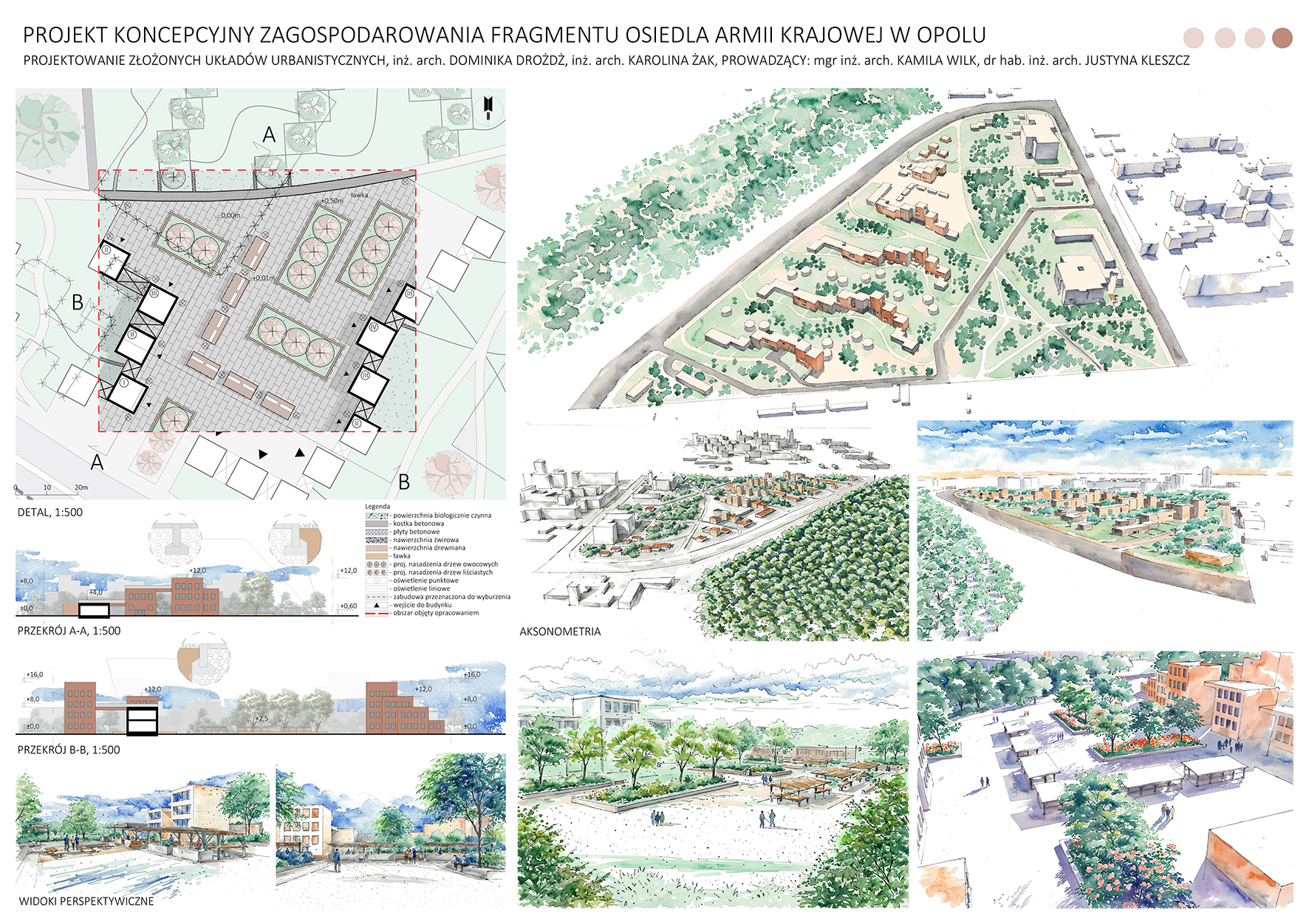 plansza ukazując możliwe realizacje architektoniczne na osiedlu, rysunki techniczne, wizualizacje koncepcji