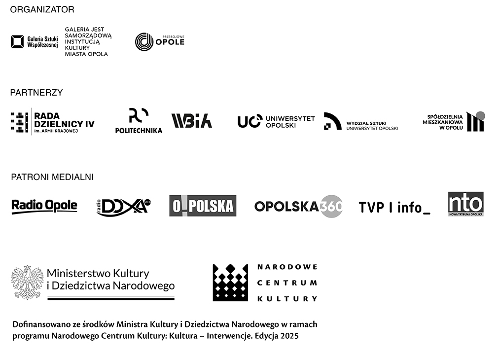 Zestaw lóg partnerów i organizatorów wydarzenia. Informaja o dofinansowaniu z Ministerstwa Kultury i Dziedzictwa Narodowego w ramach projektu Narodowego Centrum Kultury: Kultura-Interwencje 2025.