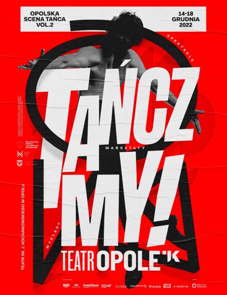 baner opolskiej sceny tańca - czerwony baner z postacią w ruchu i napisem tańczmy
