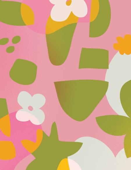 grafika ukazująca kwiaty, liście, abstrakcyjne formy w delikatnych kolorach: róż, zieleń, biel 