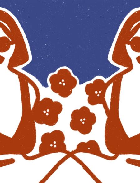 praca plastyczna, ilustracja, wizerunki dwóch kobiet - zarys, niebieskie tło, kwiaty. 