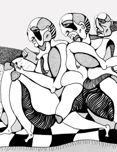 ilustracja M. Bukała, obraz czarno-biały, postaci i zwierzęta stłoczone na środku kompozycji.