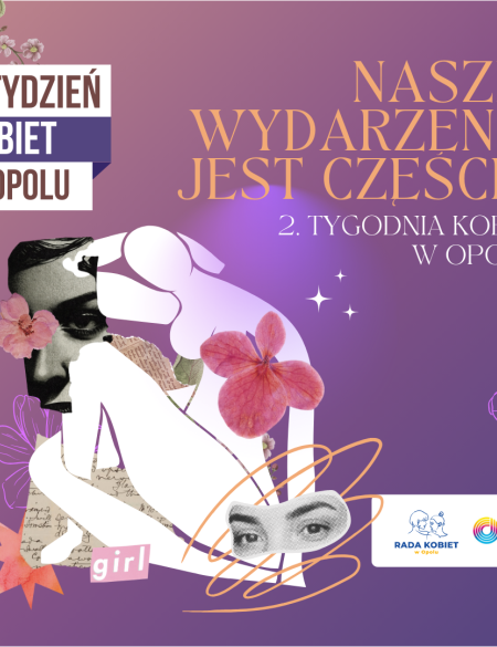 tydzień kobiet w Opolu, napis i grafika na fioletowym tle ukazująca oczy i ciało kobiety w artystycznym ukłądzie