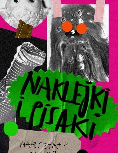 baner informcyjny, napis naklejki i pisaki. w tle kolaż kolorów oraz wycinków z gazet.