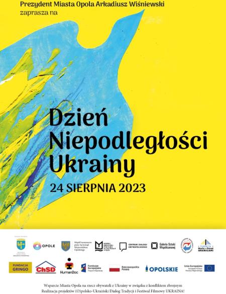 bener informacyjny, niebisko - żółte tło, napis dzień niepodległości ukrainy, 24.08.2023. 