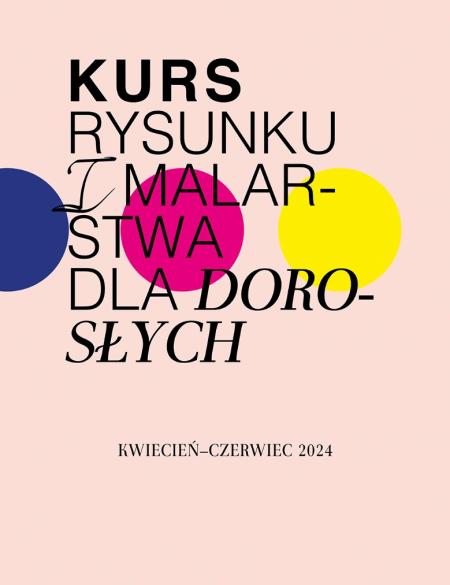 baner informacyjny, napis kurs malarstwa i rysunku, różowe tło, motyw kolorowych kul