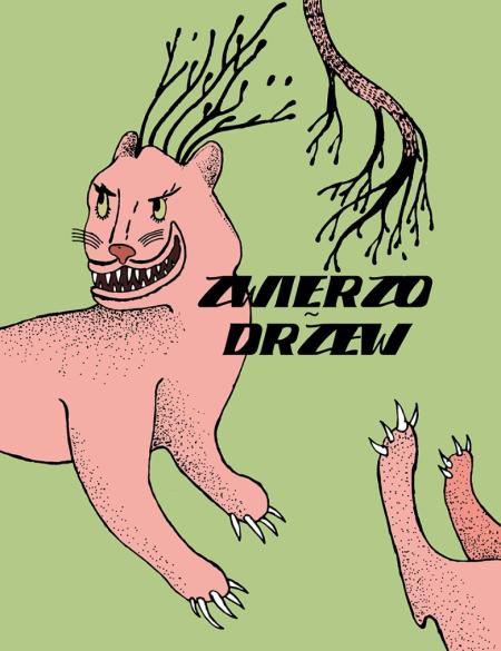 baner informacyjny, konkurs zwierzodrzew, zielone tło, różowy zwierzak 