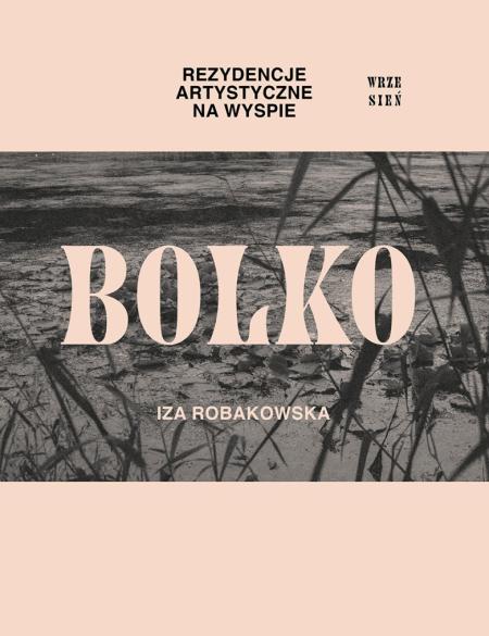 baner informacyjny, różowe tło, napis iza robakowska, rezydencje na wyspie bolko na tle zarysu roślin wodnych