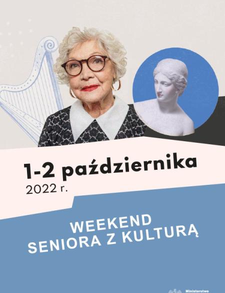 baner informacyjny, zdjęcie seniorki, grafiki uzupełniające, ukazujące harfę oraz rzeźbę venus, napis weekend z kulturą