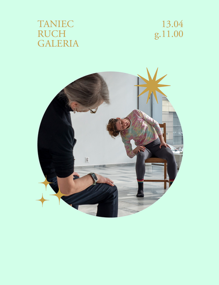 baner informacyjny, zdjęcie osób siedzących i ćwiczących, niebieskie, pastelowe tło, napis lekcja siedząca, 13.04.g.11.00