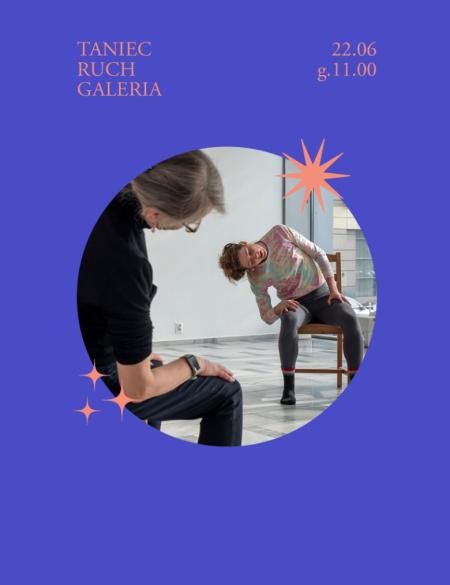 baner informacyjny w kolorze czerwono-niebieskim z napisem: Taniec Ruch Galeria 22.06 g.19.00 oraz zdjęciem dwóch kobiet na krzesłach