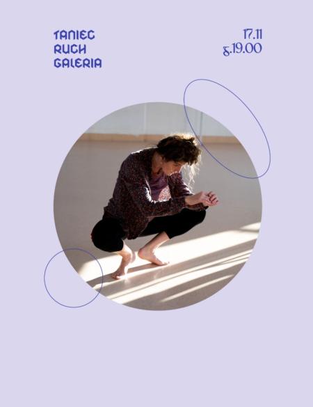 banerek  ze zdjęciem tancerki kucającej na podłodze, fioletowe tło, napis taniec, ruch galeria, 17.11