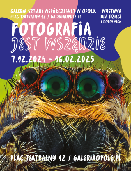 napis fotografia jest wszędzie, wystawa dla dzieci i dorosłych, gsw opole, w tle zdjęcie pająka, kolorowe