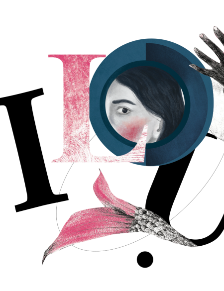 ilustracja ukazująca profil twarzy kobiety, wokół elementy typograficzne