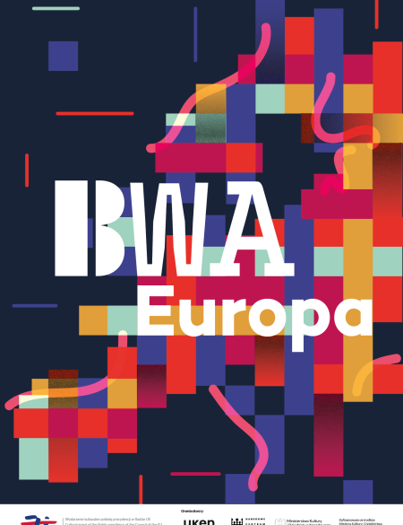 baner informacyjny, bwa europa, kolorowe tło składające się z  pikseli i mapy Europy.