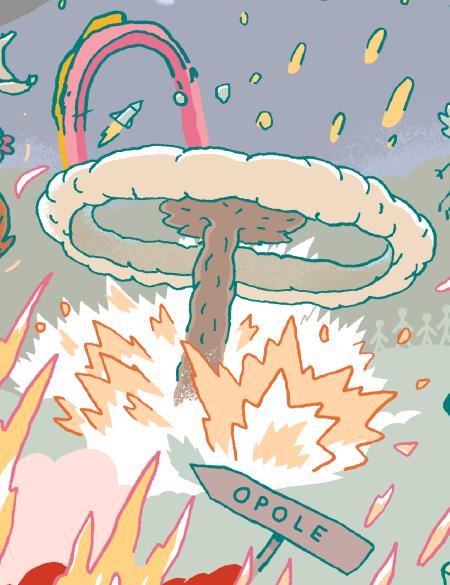 fragment komiksu, rysunek wybuchu atomowego, ogólny chaos, jednak dość bajkowy charakter katastrofy