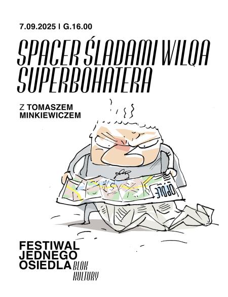 banerek informujący o spacerze śladami WILQa superbohatera, rysunek bohatera komiksu