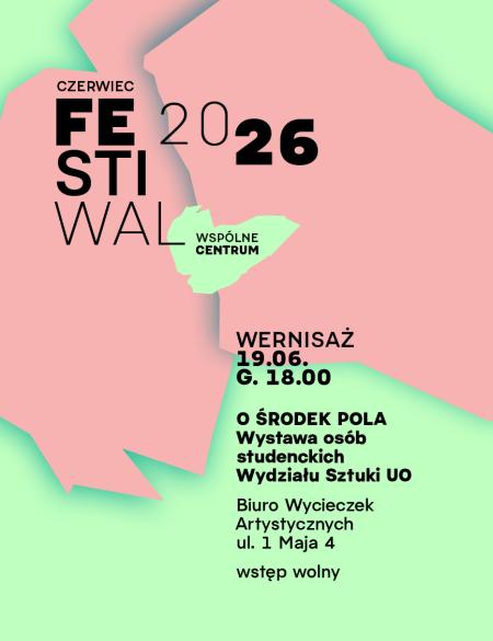 baner informacyjny o wystawie O środek pola, wernisaż 19.06 g.18.00