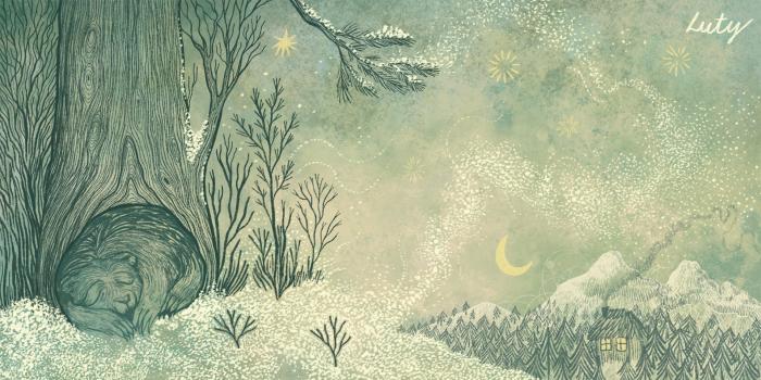 Grafika ukazuje zwierzątko śpiące pod drzewem. bajkowy, odrealniony obraz.  