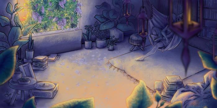 praca Karoliny Saletnik, grafika w odcieniach fioletów, bajkowe wnętrze 