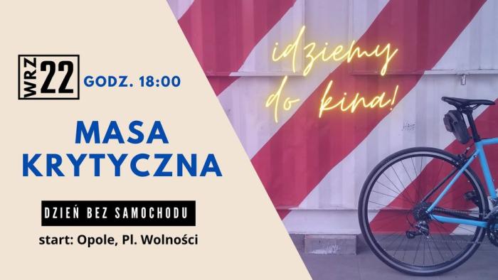 banerek informacyjny, zdjęcie roweru na tle biało-czerwonych pasów, napis masa krytyczna, 22 września, g.18.00