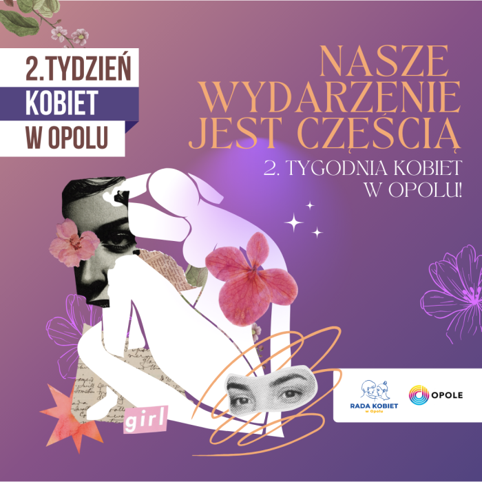 tydzień kobiet w Opolu, napis i grafika na fioletowym tle ukazująca oczy i ciało kobiety w artystycznym ukłądzie