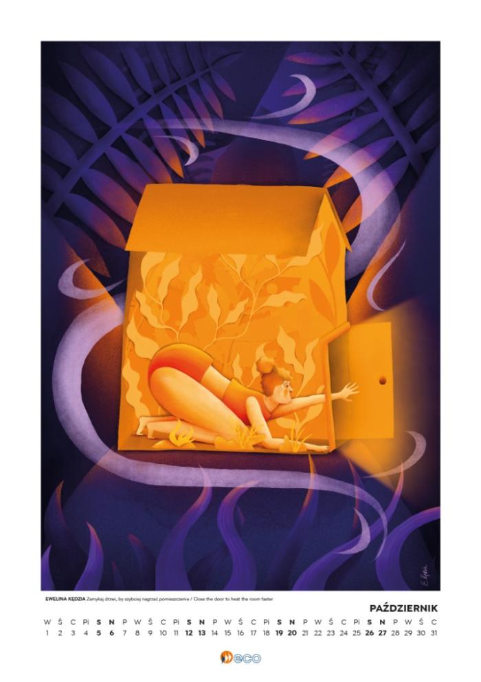 ilustracja z kalendarza na październik, rysunek domu, postać kobiety leży na podłodze. efekt parującego ciepła, granatowe tło