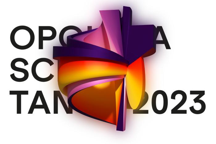 banerek informacyjny, napis: opolska scena tańca, abstrakcyjna wielokolorowa forma na pierwszym planie.