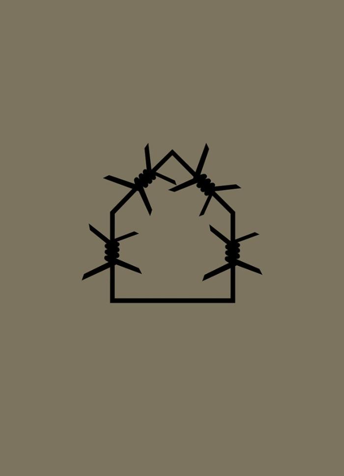 bener ukazuje drut kolczasty ułożony w schemat domu. odcienie szarości i czerni