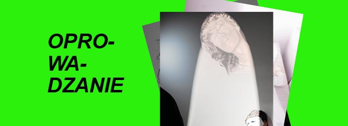 baner informacyjny, napis oprowadzanie, zielone tło, zdjęcie kobiety rozmazane