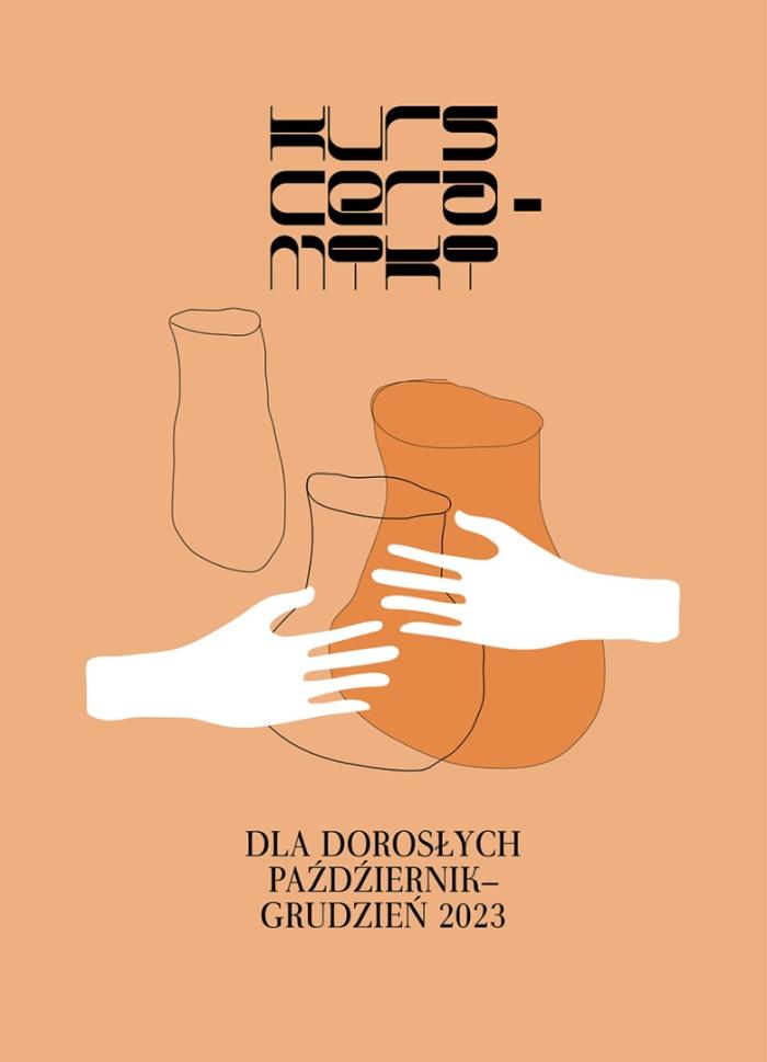 banerek informacyjny, obraz ukazuje dłonie i naczynia ceramiczne - zarys obiektów, napis zapisy na kurs ceramiki