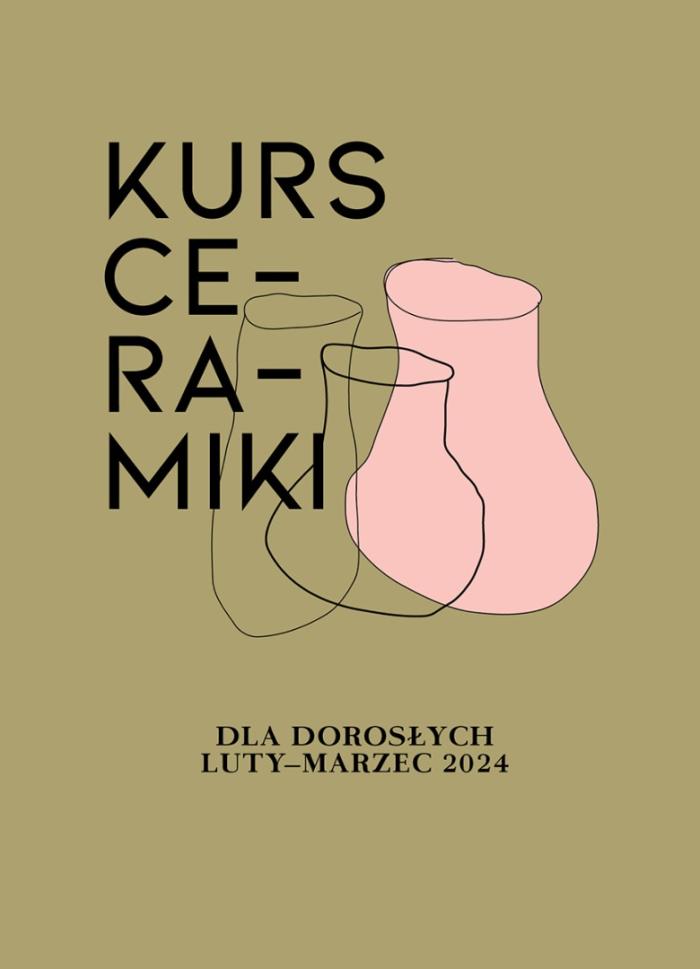 baner informacyjny, napis: kurs ceramiki, brązowe tło, zarys naczyń wykonanych z gliny