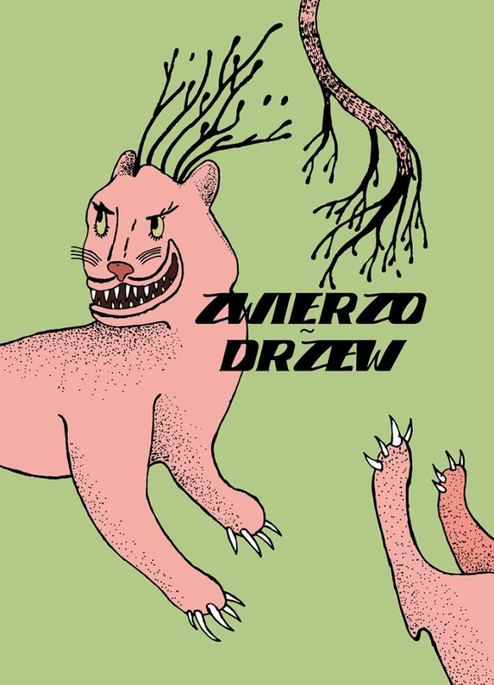 baner informacyjny, konkurs zwierzodrzew, zielone tło, różowy zwierzak 