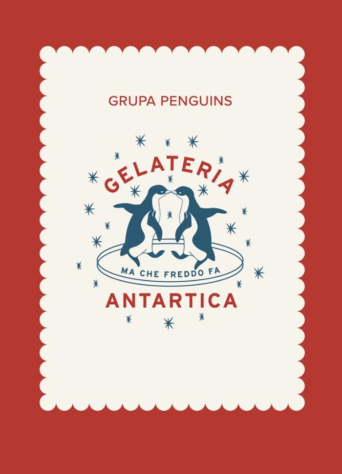 baner informacyjny galateria antartica, obrazek pingwinów na białym tle