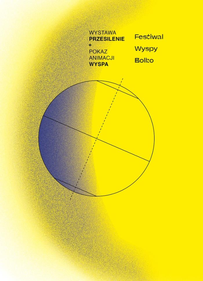 baner informacyjny na żółtym tle, napis: festiwal wyspy bolko, przesilenie i wyspa, 23.06, g.21.30 , g.22.00