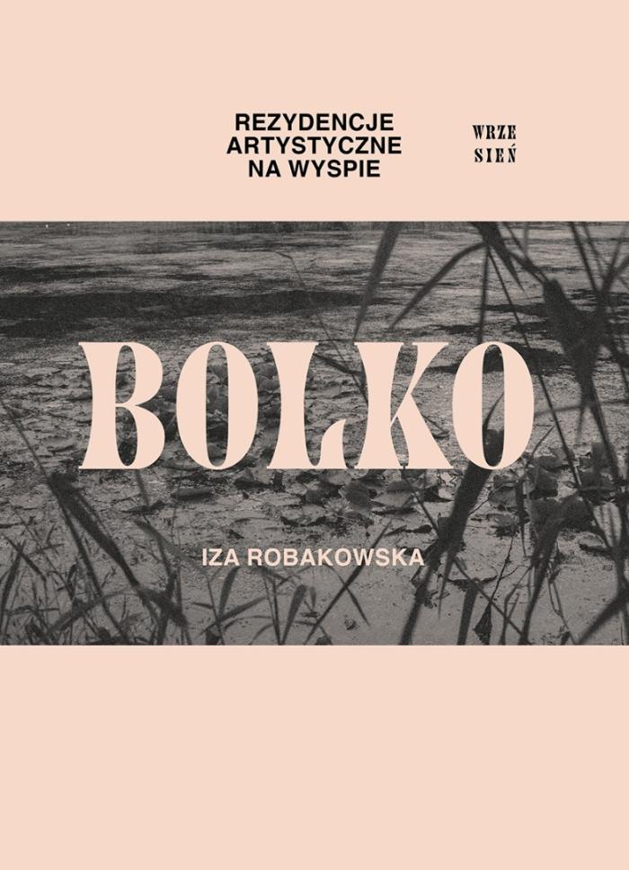 baner informacyjny, różowe tło, napis iza robakowska, rezydencje na wyspie bolko na tle zarysu roślin wodnych