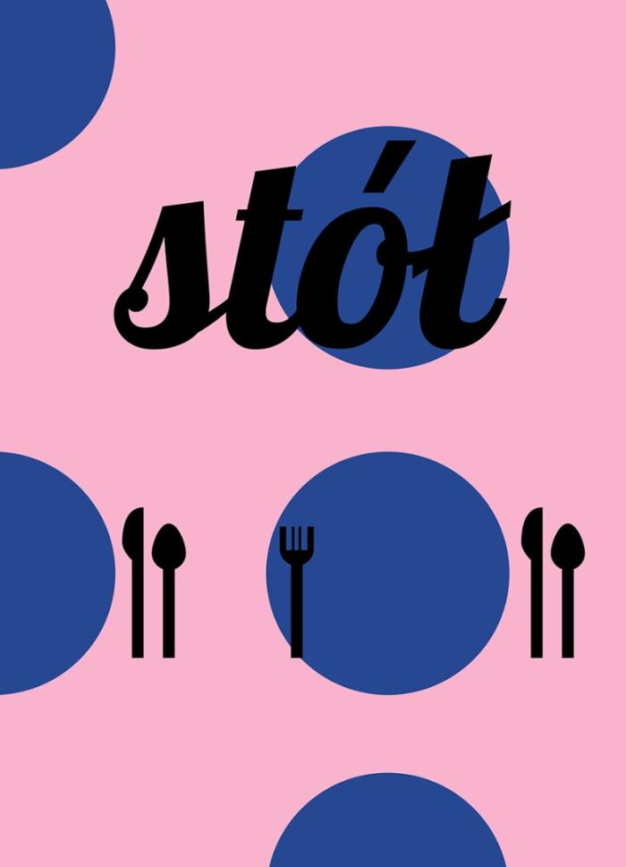 banerek informacyjny z napisem stół, różowe tło, niebieskie koła, sztućce. 