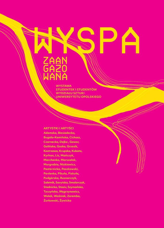 baner informacyjny, treść: Wyspa zaangażowana, nazwiska autorów, różowe tło, zarys odry w okolicach Pasieki