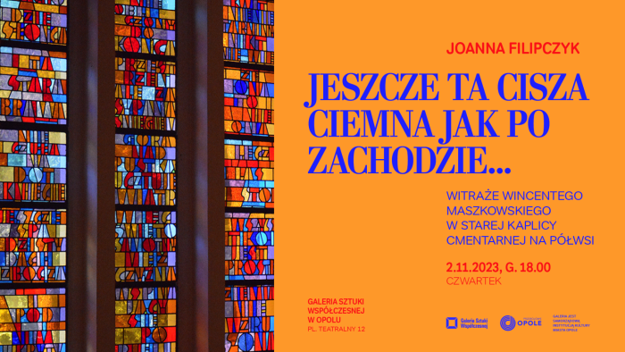 banerek informacyjny, w tle witraż, napis wykład poświęcony pamięci Wincentego Maszkowskiego, autora witraży na cmentarzu w Półwsi