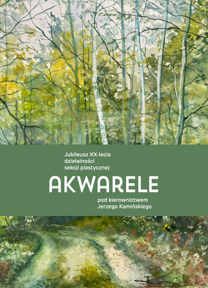 grafika ukazująca reprodukcję akwareli ukazującej brzozy i las jesienią, napis akwarele, wystawa