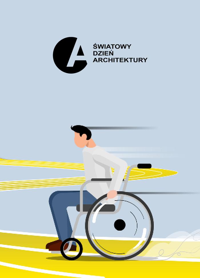 baner informacyjny: osoba na wózku inwalidzkim, zarys drogi - odcienie szarości i żółci. napis światowe dni architektury