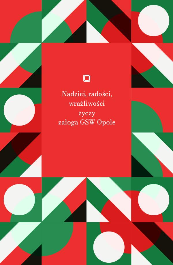 banerek w klimacie świąt, układ geometryczny figur w kolorach zieleni, czerwieni i bieli. Napis: Nadziei, radości życzy załoga Galerii